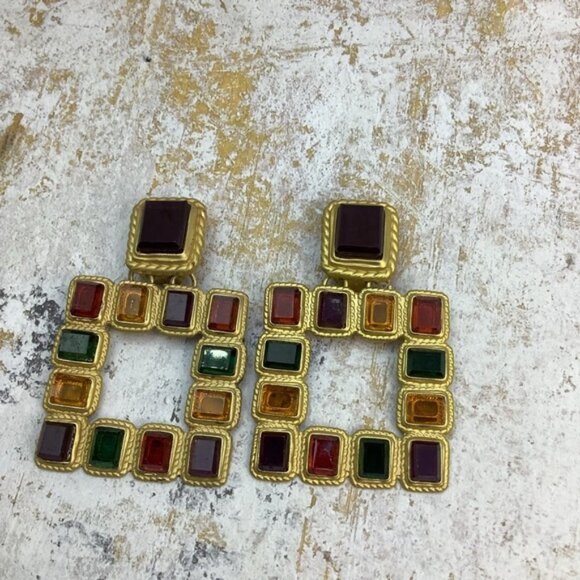 Zara Purple, Red and Green Clip  Earrings Geometric Design - Picture 4 of 6